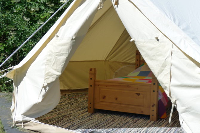 Cwt Gwyrdd Bell Tent open with bed showing